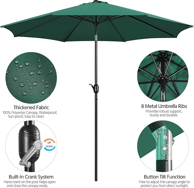 Yaheetech 10FT Patio Umbrella Outdoor Umbrella Patio Yard Market Table Umbrella with Push Button Tilt & Crank for Garden/Beach/Lawn/Deck/Backyard/Pool, 8 Ribs, Dark Green