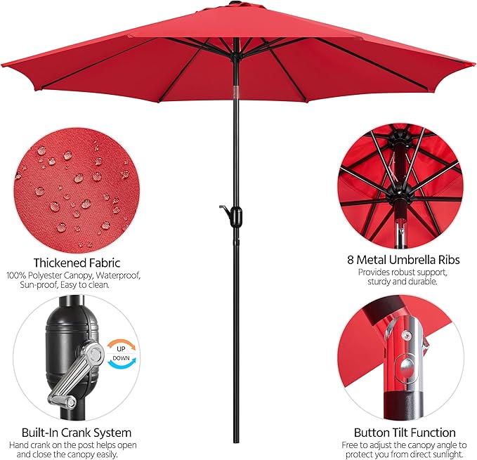 Yaheetech 10FT Patio Umbrella Outdoor Umbrella Patio Yard Market Table Umbrella with Push Button Tilt & Crank for Garden/Beach/Lawn/Deck/Backyard/Pool, 8 Ribs, Red