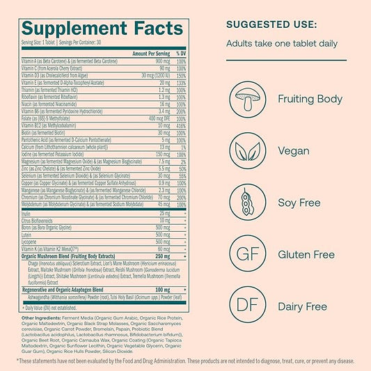 True Grace One Daily Women’s Multivitamin 40+ Fermented Minerals, Organic Adaptogens & Mushrooms Energy, Immune, Bone, Heart Support - Iron Free, Non-GMO, Gluten Free, Soy Free - 30 Vegan Tablets