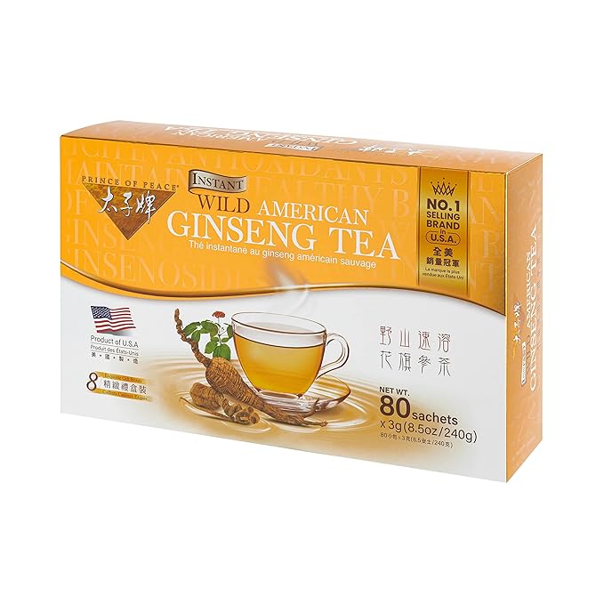 Prince of Peace Instant Wild American Ginseng Tea, 80 Sachets – Healthy Drink, Caffeine-Free Energy-Boosting, Heavy Antioxidants, Plant Extract