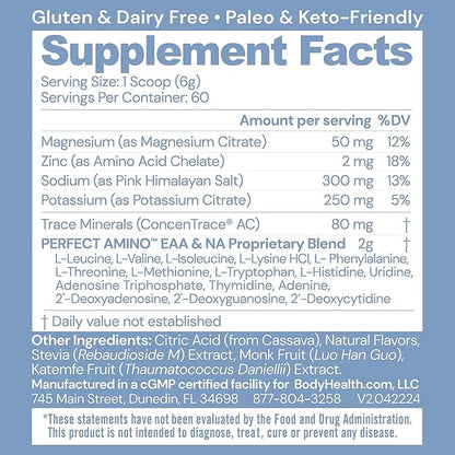 BodyHealth PerfectAmino Electrolytes Powder, Hydration Powder, Sugar Free Electrolyte Drink Mix, Keto Electrolytes Powder, Non GMO, Lemon Lime Flavor (60 Servings)