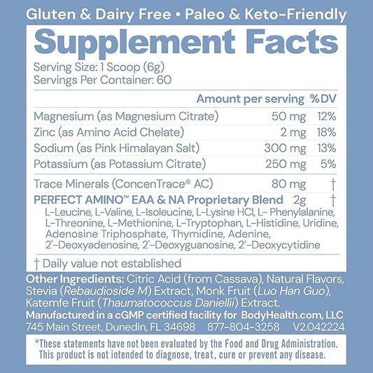 BodyHealth PerfectAmino Electrolytes Powder, Hydration Powder, Sugar Free Electrolyte Drink Mix, Keto Electrolytes Powder, Non GMO, Lemon Lime Flavor (60 Servings)