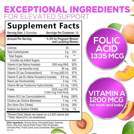 Prenatal Gummy with Folic Acid, Prenatal Vitamins and Minerals for Fetal Support, Vitamin A, C, D3, B12, B6 & Folate, Prenatal Multivitamin for Pregnant & Nursing Women - 60 Gummies, 30 Day Supply