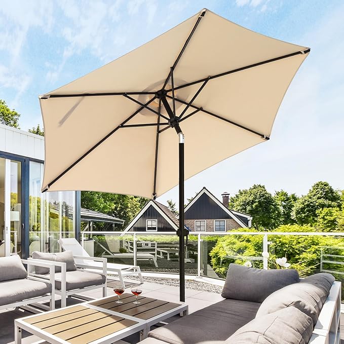 wikiwiki 7.5 FT Patio Umbrellas Outdoor Table Market Umbrella with Push Button Tilt/Crank, 6 Sturdy Ribs, Fade Resistant Waterproof POLYESTER DTY Canopy for Garden, Lawn, Deck, Backyard & Pool, Beige