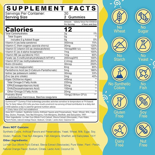 Kids Multivitamin Liquid Filled Gummies, Kids Vitamins for Ages 4+ with Probiotic, Omega 3, Iron, Support Immune & Brain Health, Digestive Health, Non GMO, Gluten Free, Chewable Fruit Flavor
