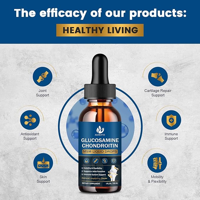 Glucosamine Chondroitin MSM Liquid Drops with Quercetin, Bromelain, Turmeric - Antioxidant, Immune Support, Support Joint Health Supplements for Men & Women, Vegan, Raspberry Flavor (2 Pack, 1 Fl Oz)