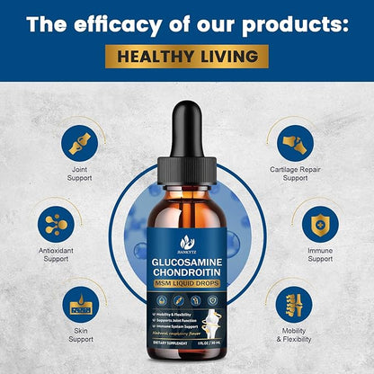Glucosamine Chondroitin MSM Liquid Drops with Quercetin, Bromelain, Turmeric - Antioxidant, Immune Support, Support Joint Health Supplements for Men & Women, Vegan, Raspberry Flavor (2 Pack, 1 Fl Oz)