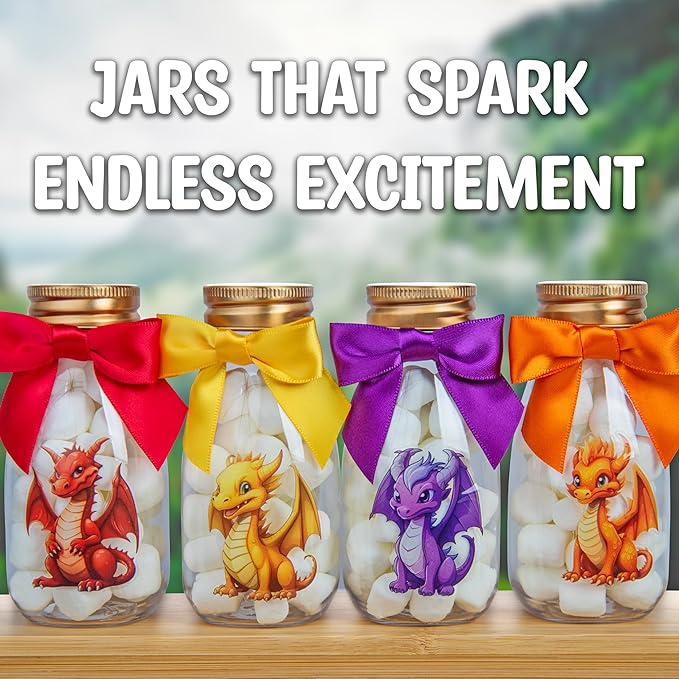 Small 12 Pack Dragon Party Favors - Candy Jars with Ribbons and Stickers - DIY Party Decoration Bottle for Birthday, Baby Shower and School Classroom - Dragon Egg Container for Kids and Teens