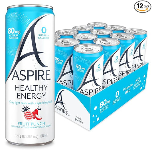 ASPIRE® Fruit Punch, Healthy Energy Drink with Low Caffeine, No Sugar, Carbs, and Keto Friendly, 12 Pack