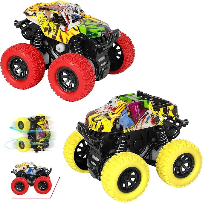 M SANMERSEN Monster Truck Toys for Ages 2-4, Friction Cars for Toddlers 1-3 Push and Go 360° Rotating Stunt Car for 2+ Year Old Boys Girls Gifts (2 Pack - Red and Yellow)