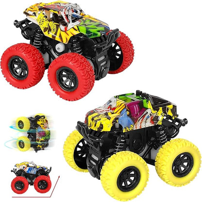 M SANMERSEN Monster Truck Toys for Ages 2-4, Friction Cars for Toddlers 1-3 Push and Go 360° Rotating Stunt Car for 2+ Year Old Boys Girls Gifts (2 Pack - Red and Yellow)