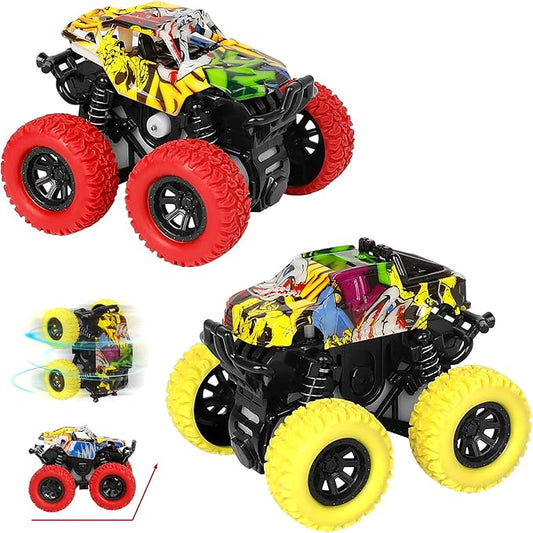 M SANMERSEN Monster Truck Toys for Ages 2-4, Friction Cars for Toddlers 1-3 Push and Go 360° Rotating Stunt Car for 2+ Year Old Boys Girls Gifts (2 Pack - Red and Yellow)