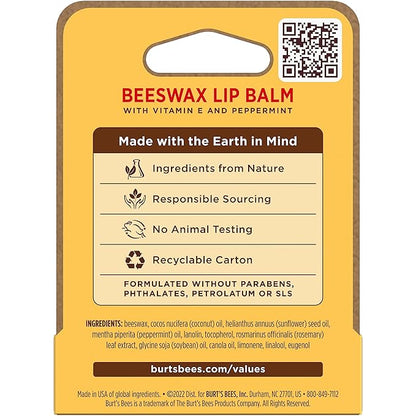Burt's Bees Lip Balm, Lip Moisturizer With Responsibly Sourced Beeswax, with Vitamin E & Peppermint Oil, Natural Origin Moisturizing Care, 1 Tube, 0.15 oz.