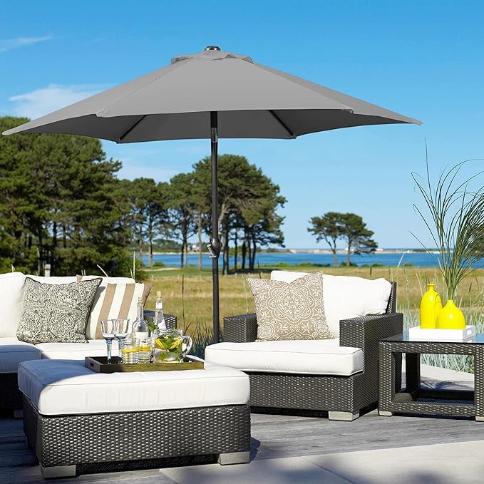 Yaheetech 7.5FT Patio Umbrella Outdoor Market Table Umbrella with 6 Sturdy Ribs, Push Button Tilt & Crank for Garden/Lawn/Deck/Backyard/Pool/Beach, Gray