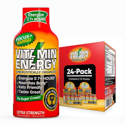 Vitamin Energy Focus+ Extra Strength Daily Energy Shot – Mango – 260mg Natural Caffeine, 100% DV B-Vitamins – Focus & Productivity Support – Zero Sugar, Vegan, Kosher – 1.93 fl oz, 24-Pack