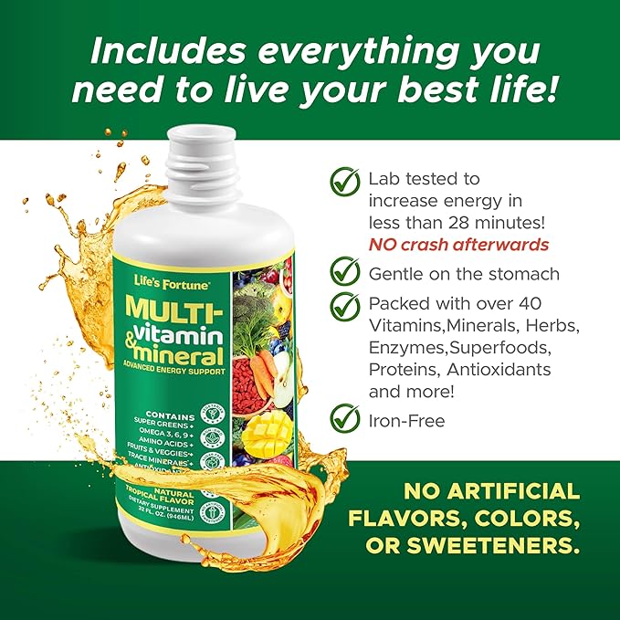 Life's Fortune Liquid Multivitamin, Tropical Flavor, Sugar Free, 32 oz – High Absorption Daily Vitamins for Adults Men & Women, Teens – Trace Minerals, Amino Acids, with Biotin, L-Arginine, Potassium