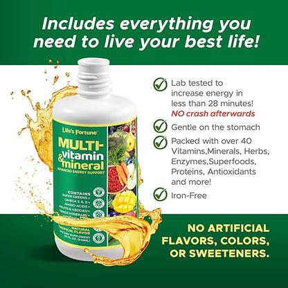 Life's Fortune Liquid Multivitamin, Tropical Flavor, Sugar Free, 32 oz – High Absorption Daily Vitamins for Adults Men & Women, Teens – Trace Minerals, Amino Acids, with Biotin, L-Arginine, Potassium