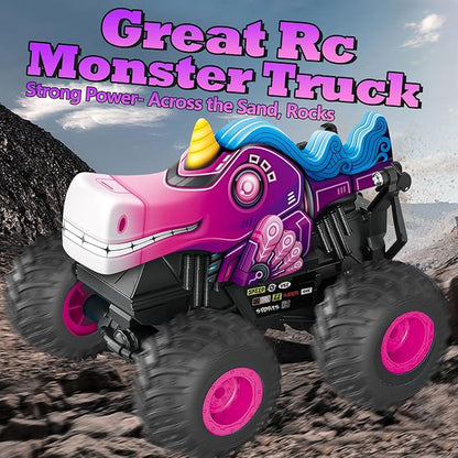 Remote Control Car, 2.4Ghz Unicorn Rc Monster Truck for Boys Girls, Rchargeable Rc Truck with Lights & Music, 360° Rotating Stunts RC Car Toy for Kids 3-5 6 7 8-12