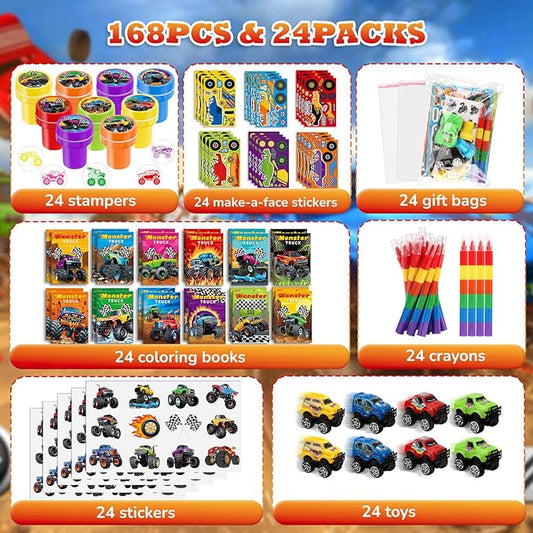 BenLouis 168Pcs Monster Truck Party Favors Truck Car Theme Coloring Books Crayons Sticker Set Bulk for Kids Racing Wheels Birthday Decor Goodie Bag Stuffer Classroom Rewards Craft Pinata Supplies