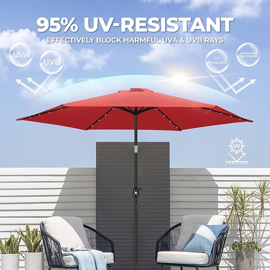 FRUITEAM Solar Patio Umbrella Outdoor LED Umbrella 7 1/2 FT Table Umbrella with Lights Patio Umbrella with with Sturdy Ribs/Crank and Tilt Adjustment for Garden/Poolside/Backyard,