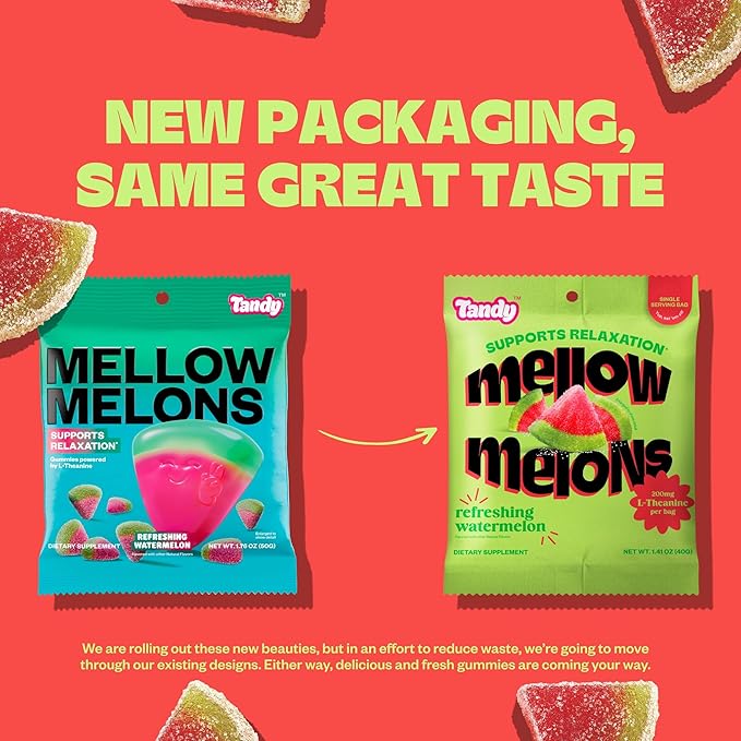 Tandy Mellow Melons L-Theanine Gummies I Relaxation Gummies with Refreshing Watermelon Flavor I Calming Gummies for Adults I Gluten-Free Fast-Acting Dietary Supplement Gummy I 6-Pack