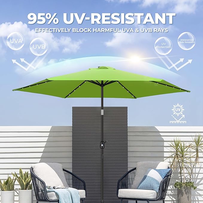 FRUITEAM Solar LED Lighted Patio Umbrella, 24 Lights Outdoor Table Umbrella w/Easy Tilt Adjustment, Straight-pole Umbrella Adjustment and Crank Lift System for Market, Garden, Deck, Pool (Lime Green)