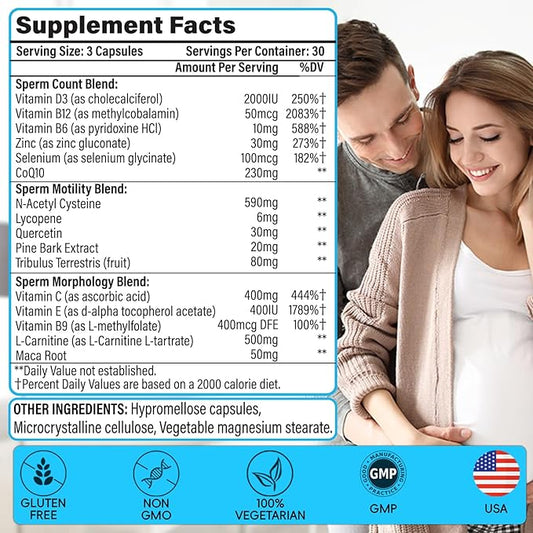 Male Fertility Supplements, Advanced Fertility Supplement for Men Optimal Sperm Count Motility & T-Level with Maca Root, Tribulus Terrestris, Zinc, CoQ10, Pre Conception for Him, 90 Caps