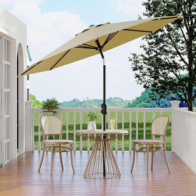 9Ft Patio Umbrella - 8 Sturdy Ribs Outdoor Table Umbrella with Crank Lift & Push Button Tilt - Market Umbrella for Pool, Deck, Yard, Garden - Beige