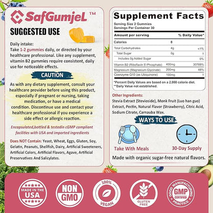 Vitamin B2 Gummies, Bioactive Form Riboflavin 400mg with Magnesium & CoQ10 for Energy & Nervous System Support, Sugar Free B2 Vitamin VIT B, Vegan, 60 Cts