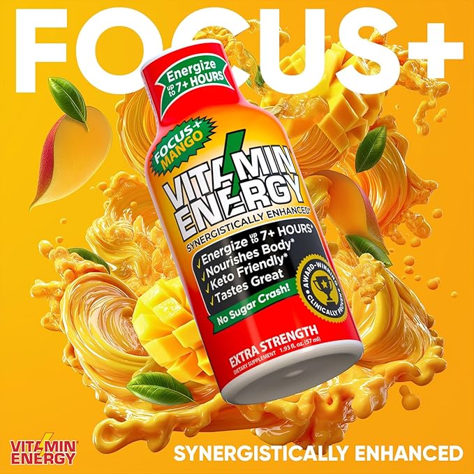 Vitamin Energy Focus+ Extra Strength Daily Energy Shot – Mango – 260mg Natural Caffeine, 100% DV B-Vitamins – Focus & Productivity Support – Zero Sugar, Vegan, Kosher – 1.93 fl oz, 48-Pack