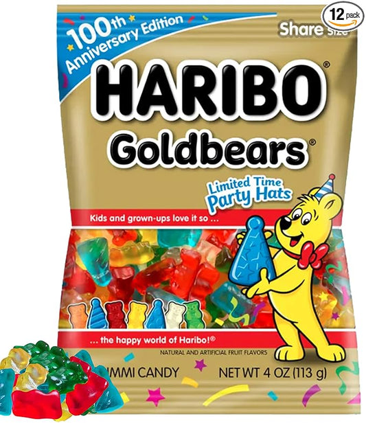 Haribo Goldbears Gummy Candy Bulk, Special Party Hats Edition, Original Mix Gummie Bear Shaped Candies with Party Hats, Assorted Fruit Flavors, Share Size for Party Favor and Birthday Candy, 4 Oz (Pack of 12)