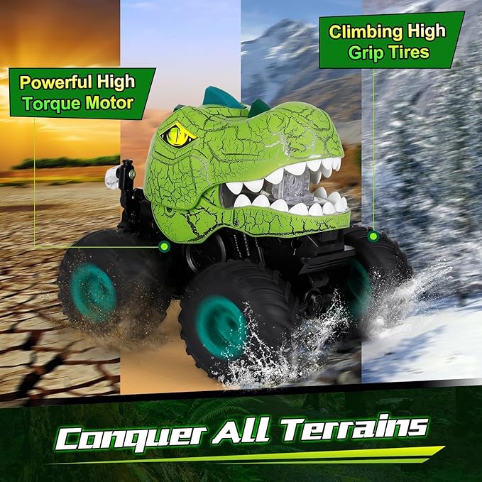Dinosaur Remote Control Car for Kids Ages 3-5 6-12, Remote Control Monster Truck with Spray, Light, 360° Rolling&90° Driving, All Terrain Dinosaur Toy for Boys Birthday Gift