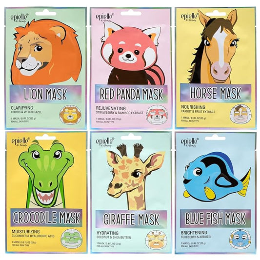 Epielle Character Sheet Masks 6 Pack, Animal Spa Mask, Korean Beauty Mask For All Skin Types, Kids Face Mask, Birthday Party Gift, Girls Night, Spa Gifts for Women