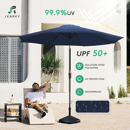 JEAREY 9FT Outdoor Patio Umbrella Outdoor Table Umbrella with Push Button Tilt and Crank, Market Umbrella 8 Sturdy Ribs UV Protection Waterproof for Garden, Deck, Backyard, Pool (Deep Blue)