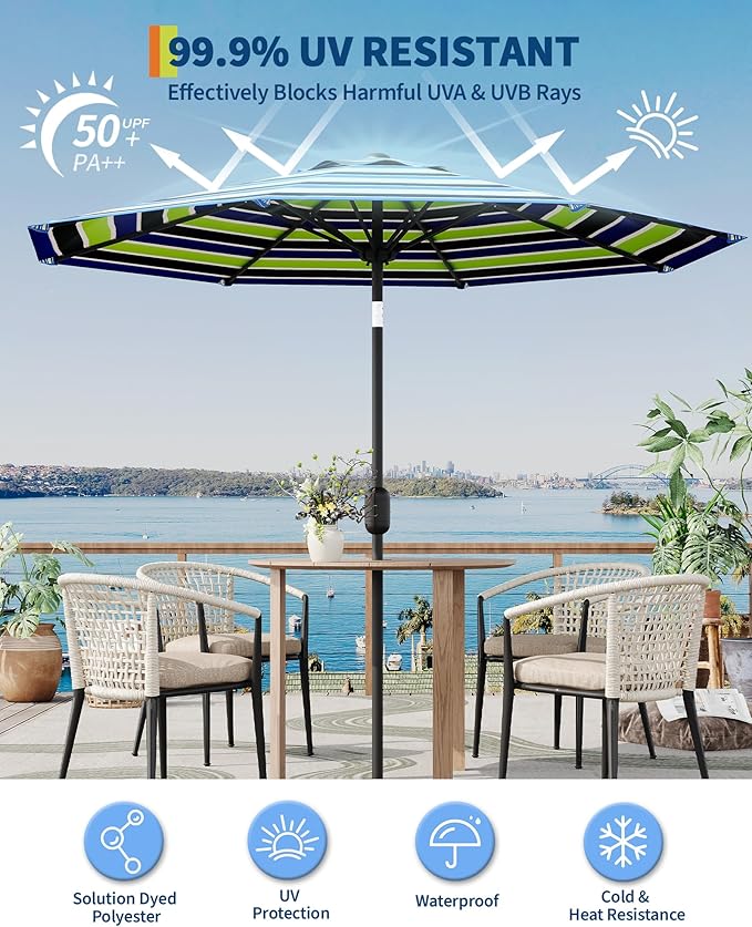 9FT Patio Umbrella Outdoor, Market Umbrella, Table Umbrella with Push Button Tilt and Crank, 8 Sturdy Ribs UV Protection Waterproof for Garden, Pool, Deck, Backyard (Yellow-Blue-Purple Striped)