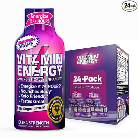 Vitamin Energy Immune+ Extra Strength Daily Energy Shot – Grape – 260mg Natural Caffeine, B-Vitamins, Green Tea, Citicoline – Immune & Focus Support – Zero Sugar, Vegan – 1.93 fl oz, 24-Pack