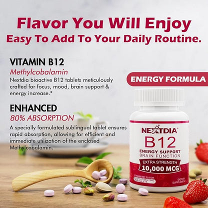 B12 Vitamins 10,000 mcg, Methylated Vitamin B12 Sublingual - Energy Boost, Focus, Metabolism & Brain Health Support, Immune System Support, Fast Dissolve, Natural Strawberry Flavor, 270 Servings