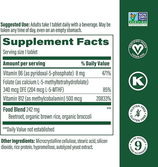 MegaFood Methyl B12 - Vegan - Includes Methyl Folate, Vitamin B12 & B6 - Supports Cellular Energy Production, Nervous System Health & Cardiovascular Function - 60 Tablets