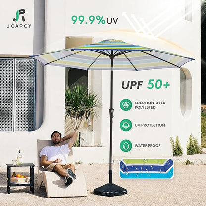 JEAREY 9FT Outdoor Patio Umbrella Outdoor Table Umbrella with Push Button Tilt and Crank, Market Umbrella 8 Sturdy Ribs UV Protection Waterproof for Garden, Deck, Backyard, Pool (Blue-Green Stripe)