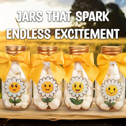 Small 12 Pack Daisy Party Favors - DIY Candy Jars with Ribbons and Stickers - Party Decoration Bottles for Birthday, School Classroom and Baby Shower - Flower Table Centerpiece Gifts for Kids