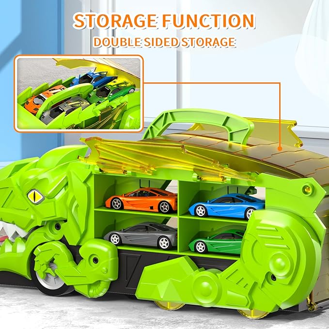 Dinosaur Transport Truck Toys - 9-in-1 Car Carrier & Track Set with 8 Mini Cars, Dino Monster Truck for Kids 3-12, Push & Pull Toy, Race & Storage Gift for Boys Girls (Green)