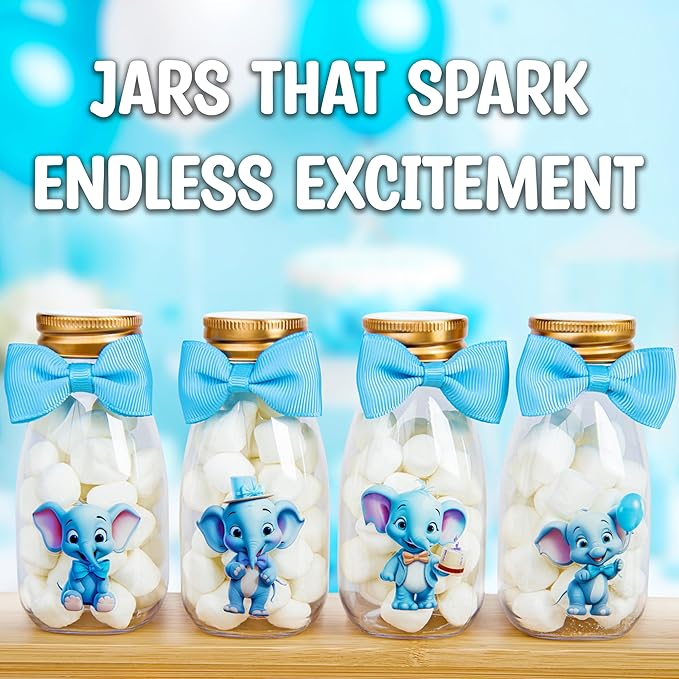 Small 12 Pack Blue Elephant Party Favors - Candy Jars with Ribbons and Stickers - DIY Party Decoration Bottles for Baby Shower, Birthday, Gender Reveal, and Classroom - Boy Table Centerpiece