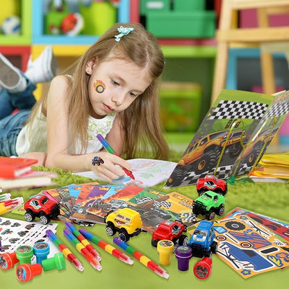 BenLouis 84Pcs Monster Truck Party Favors Truck Car Theme Coloring Books Crayons Sticker Set Bulk for Kids Racing Wheels Birthday Decor Goodie Bag Stuffer Classroom Rewards Craft Pinata Supplies