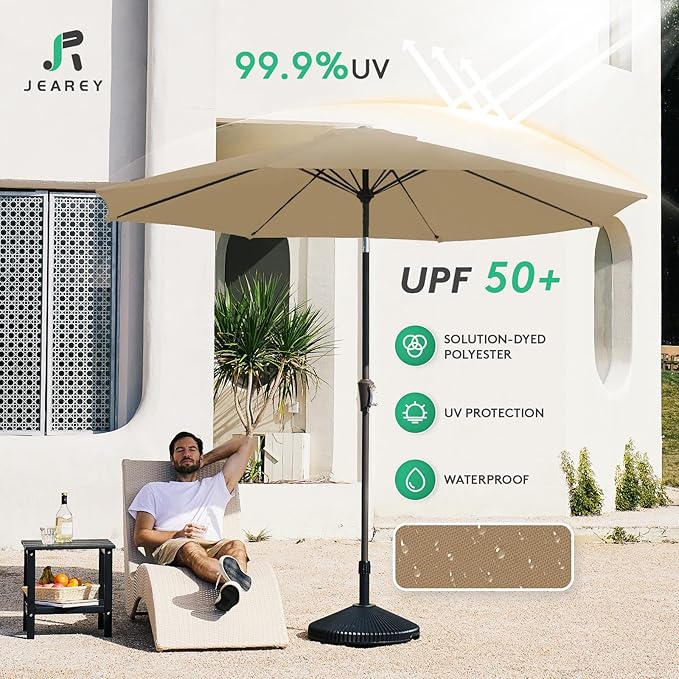 JEAREY 9FT Outdoor Patio Umbrella Outdoor Table Umbrella with Push Button Tilt and Crank, Market Umbrella 8 Sturdy Ribs UV Protection Waterproof for Garden, Deck, Backyard, Pool (Deep Tan)