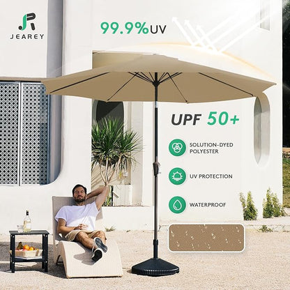 JEAREY 9FT Outdoor Patio Umbrella Outdoor Table Umbrella with Push Button Tilt and Crank, Market Umbrella 8 Sturdy Ribs UV Protection Waterproof for Garden, Deck, Backyard, Pool (Deep Tan)
