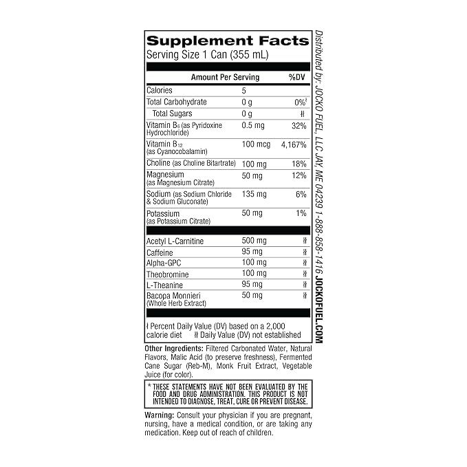 Jocko Fuel Blue Raspberry Energy Drink, 12 Pack, 0 Sugar, 95mg Caffeine, Supports Brain Health