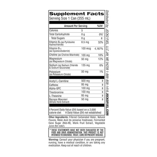Jocko Fuel Blue Raspberry Energy Drink, 12 Pack, 0 Sugar, 95mg Caffeine, Supports Brain Health