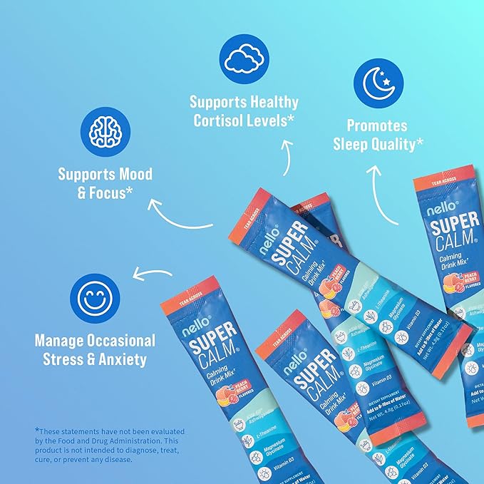 Supercalm Drink Mix - Ashwagandha KSM 66, Magnesium Glycinate & L-Theanine Supplement - Ashwagandha Root Extract - Focus and Relaxation Support (20 Travel Packets) - Peach Berry