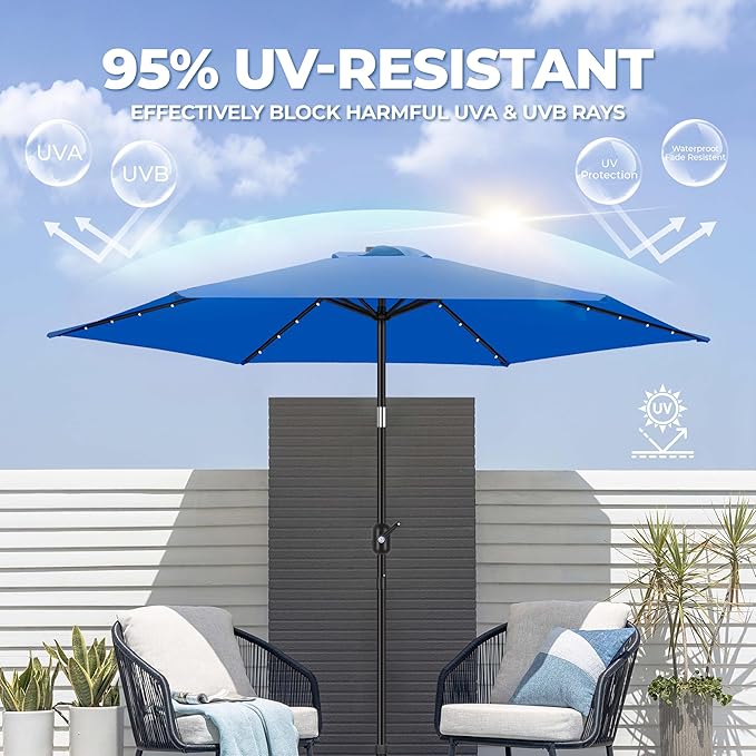 FRUITEAM Solar Patio Umbrella Outdoor LED Swimming Pool Umbrella, 7 1/2 FT Table Umbrella with Lights Heavy Duty Patio Umbrella with Sturdy Ribs, Crank, Easy Tilt Adjustment, Aqua Blue