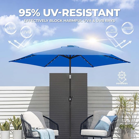 FRUITEAM Solar Patio Umbrella Outdoor LED Swimming Pool Umbrella, 7 1/2 FT Table Umbrella with Lights Heavy Duty Patio Umbrella with Sturdy Ribs, Crank, Easy Tilt Adjustment, Aqua Blue